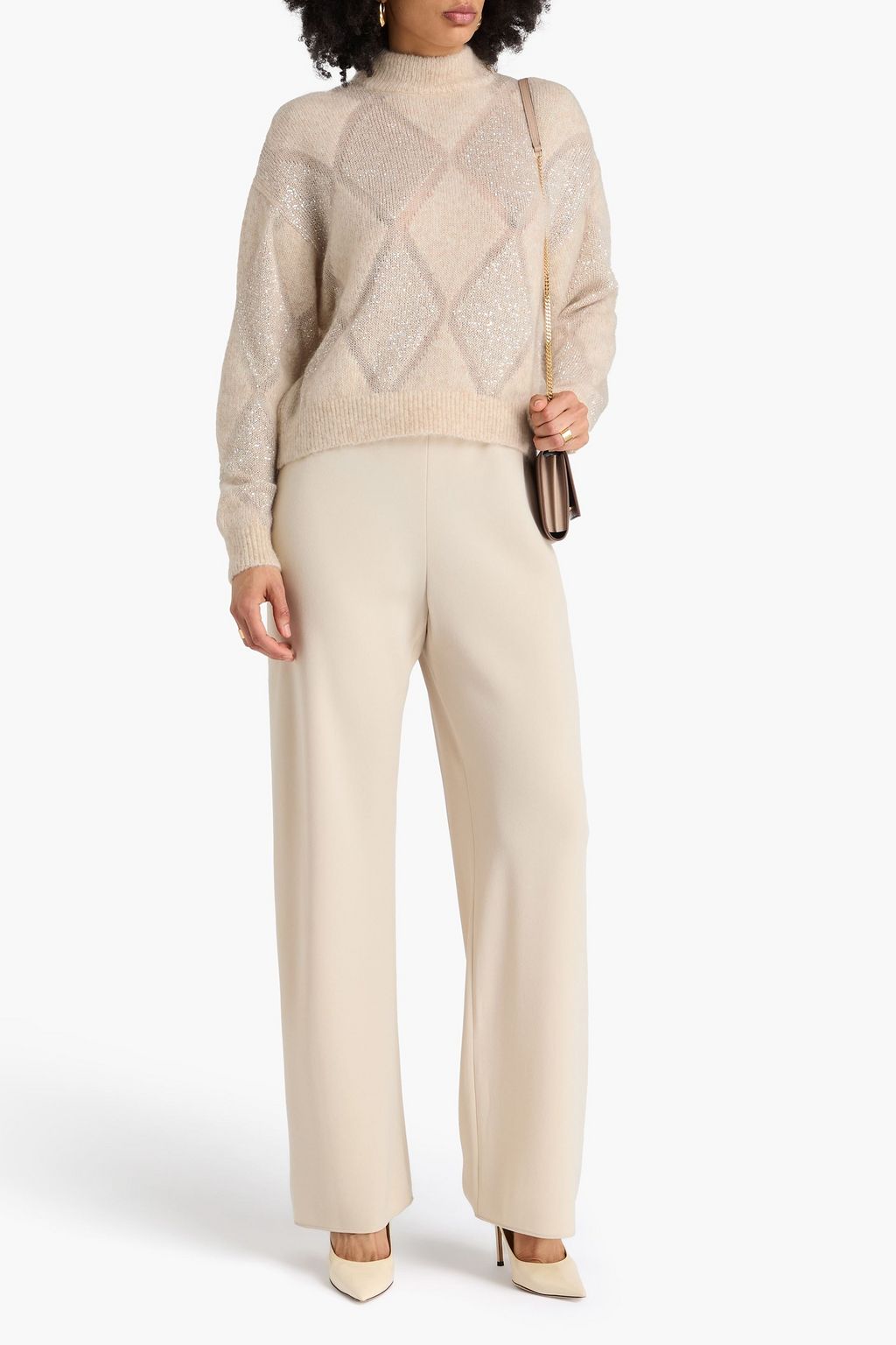 BRUNELLO CUCINELLI Sequin-embellished argyle wool and mohair-blend turtleneck sweater