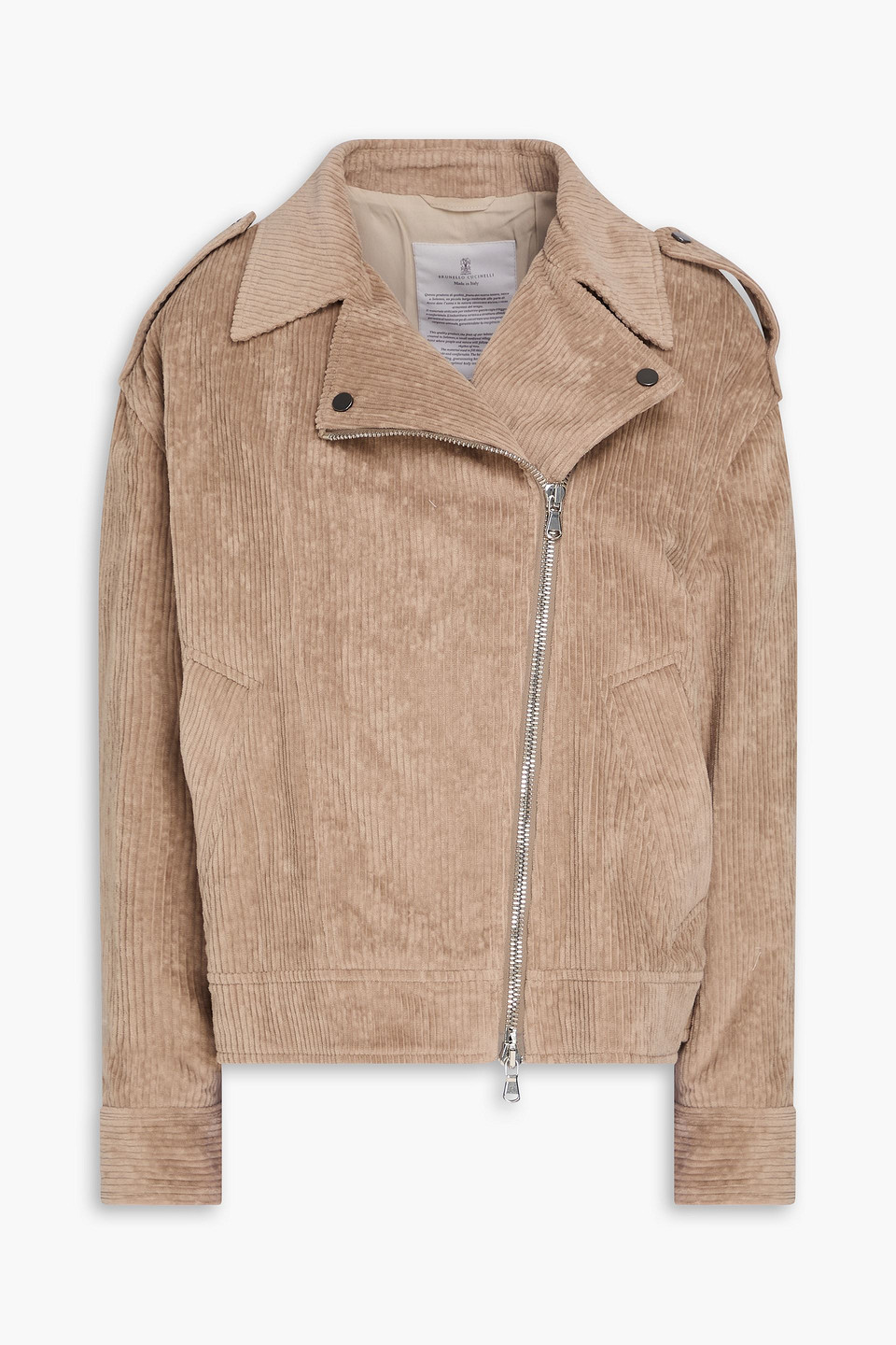 Brunello Cucinelli Bead-embellished Cotton-blend Corduroy Biker Jacket In Neutral