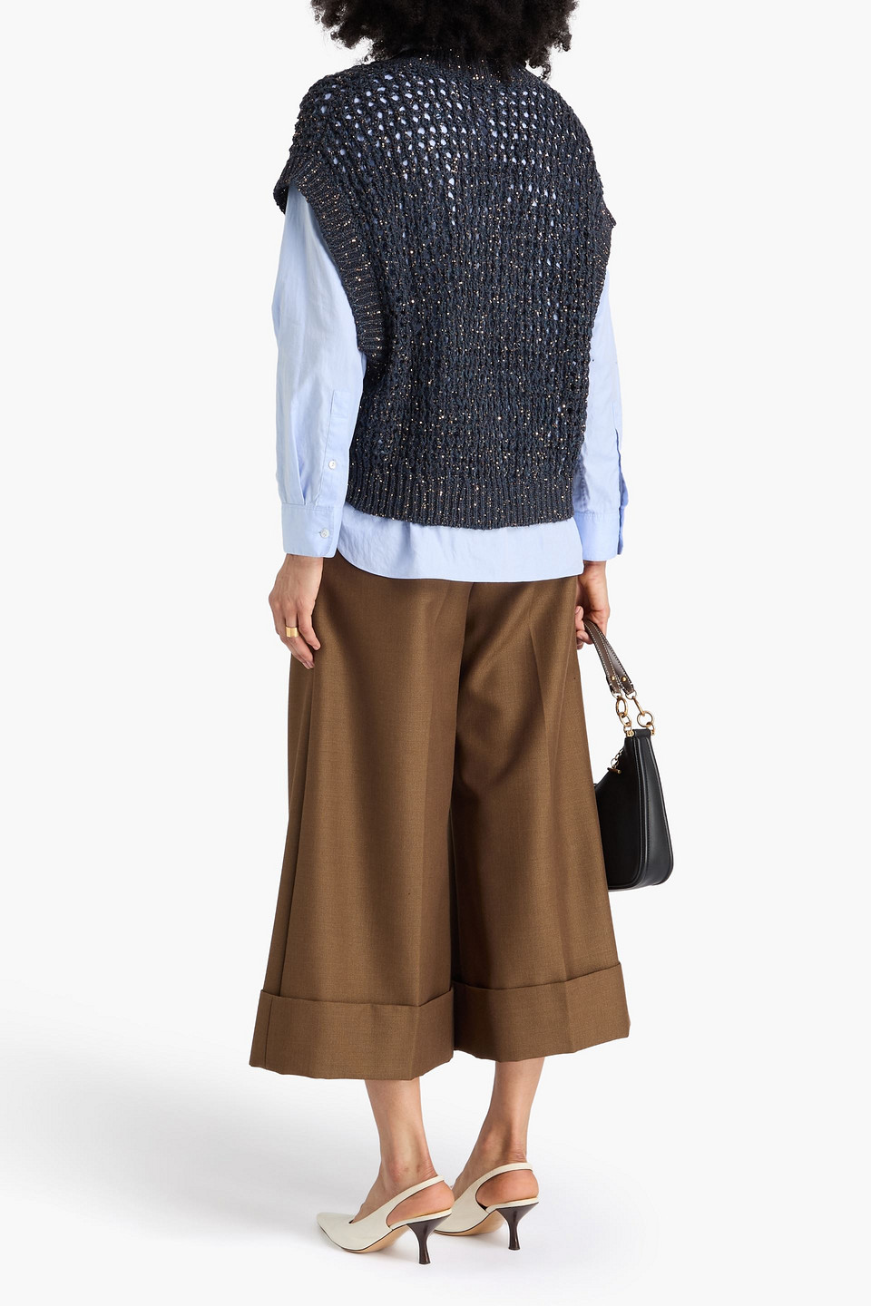 Brunello Cucinelli Sequin-embellished Open-knit Vest In Gray