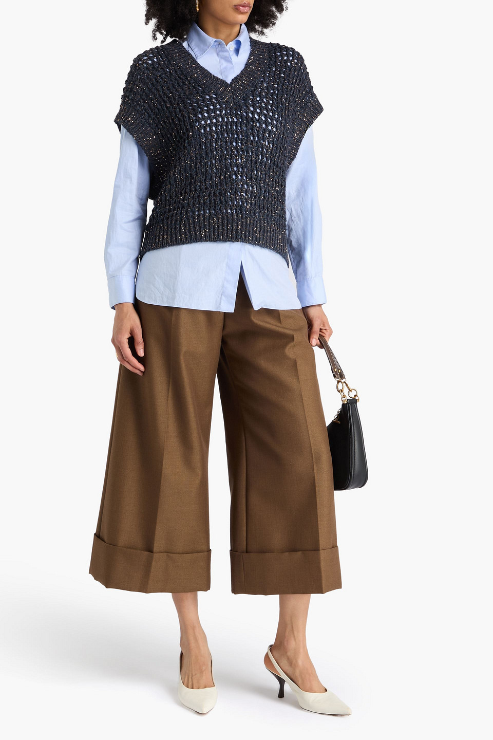 Brunello Cucinelli Sequin-embellished Open-knit Vest In Gray