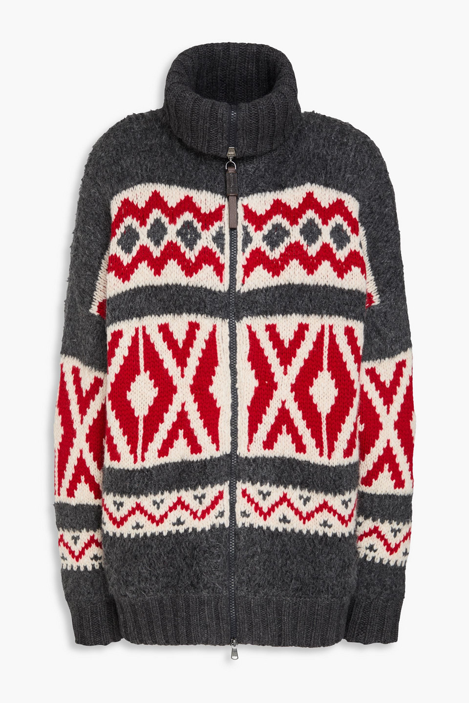Brunello Cucinelli Cardigan Aus Kaschmir Mit Intarsienmuster Und Zierperlen In Gray