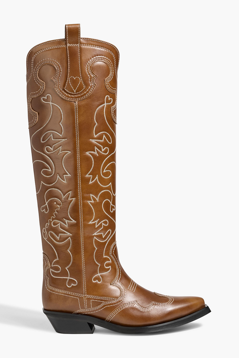 Ganni Embroidered Leather Cowboy Boots In Brown