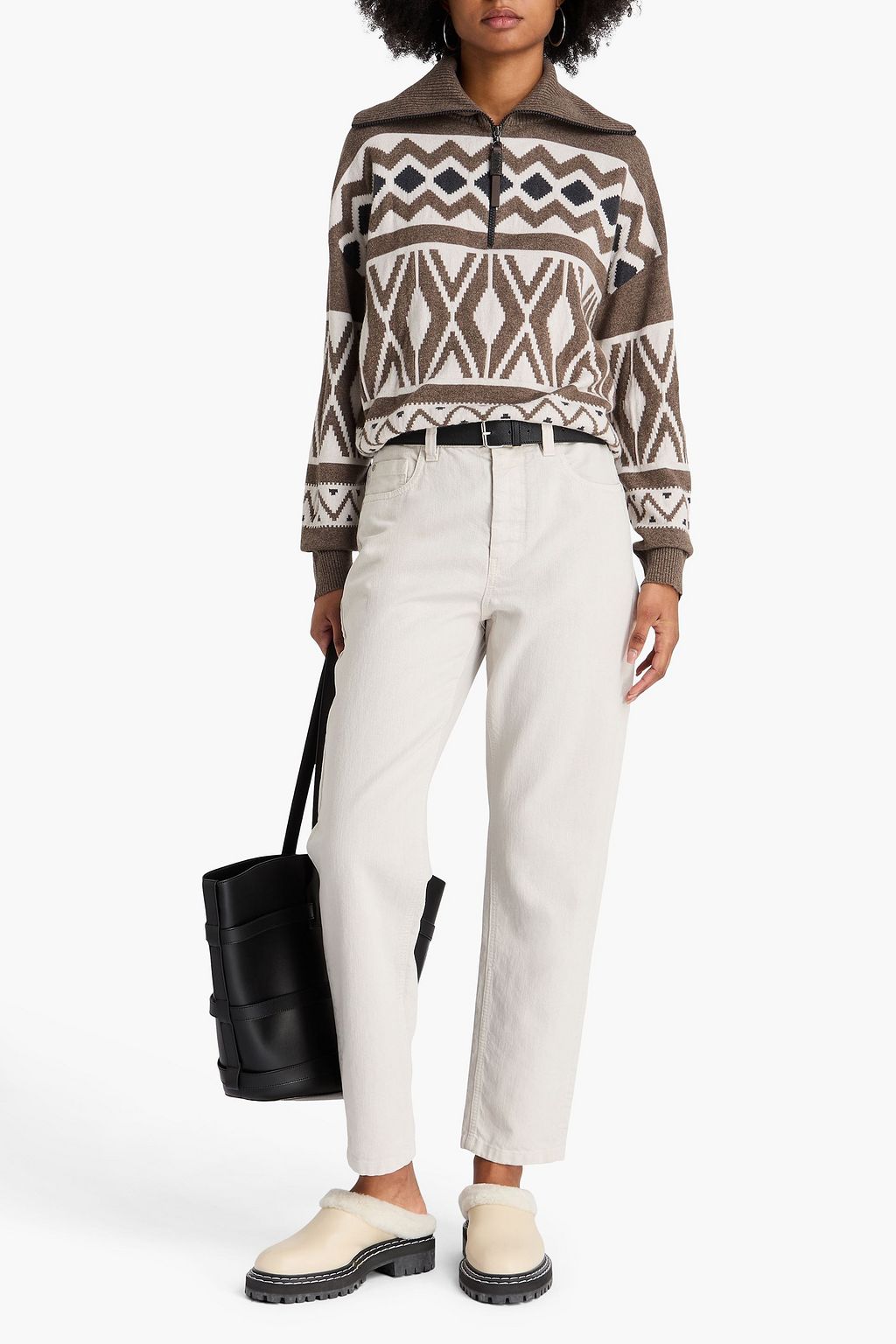 BRUNELLO CUCINELLI Bead-embellished jacquard-knit wool, cashmere and silk-blend sweater
