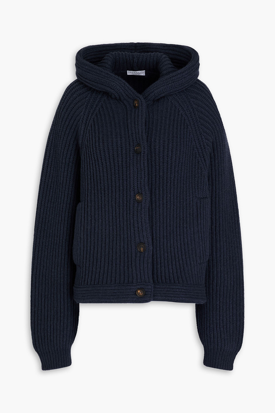 Brunello Cucinelli Bead-embellished Ribbed Cashmere Hooded Cardigan In Blue