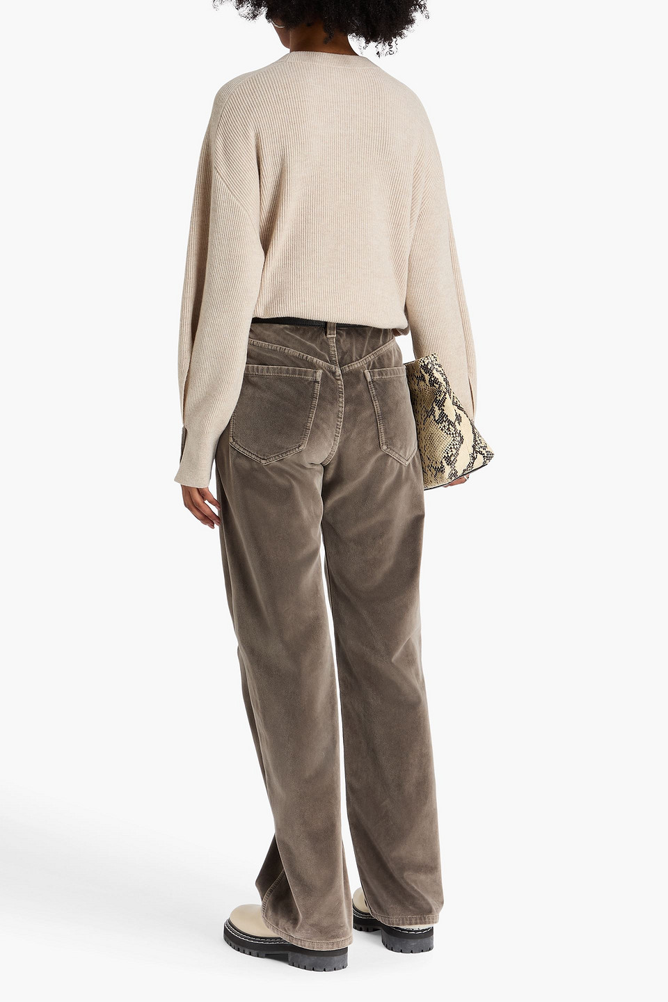 Brunello Cucinelli Bead-embellished Cotton-velvet Straight-leg Pants In Brown