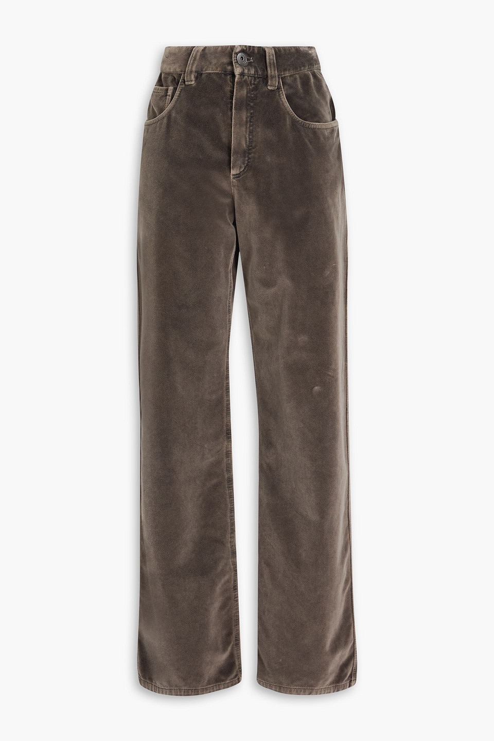 Brunello Cucinelli Bead-embellished Cotton-velvet Straight-leg Pants In Brown
