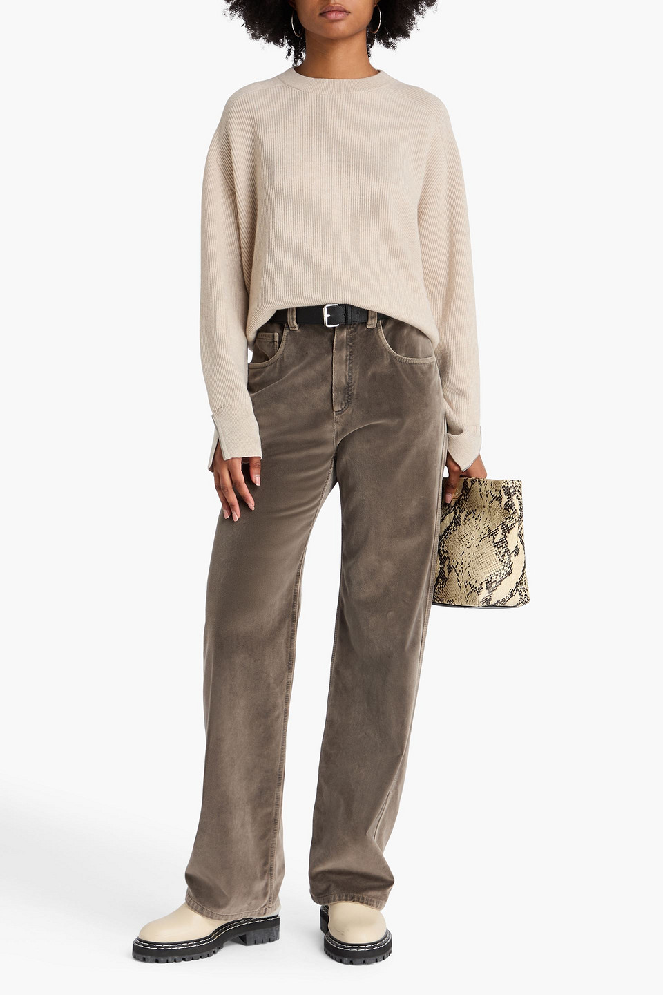 Brunello Cucinelli Bead-embellished Cotton-velvet Straight-leg Pants In Brown