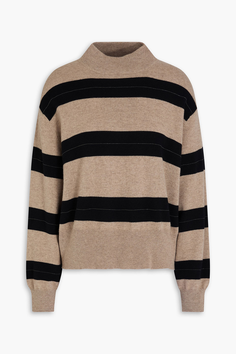 Brunello Cucinelli Bead-embellished Striped Wool, Cashmere And Silk-blend Turtleneck Sweater In Neutral