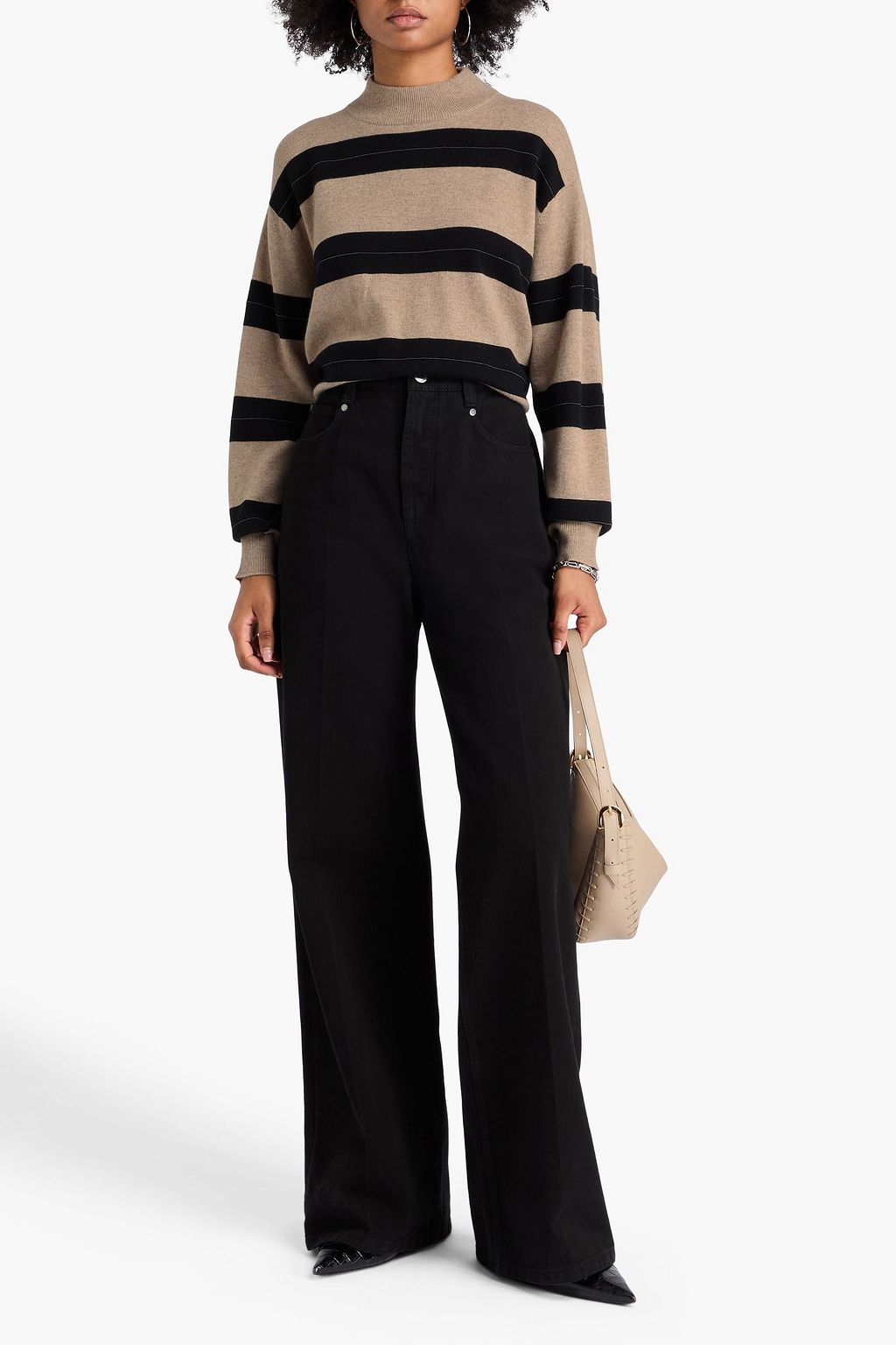BRUNELLO CUCINELLI Bead-embellished striped wool, cashmere and silk-blend turtleneck sweater