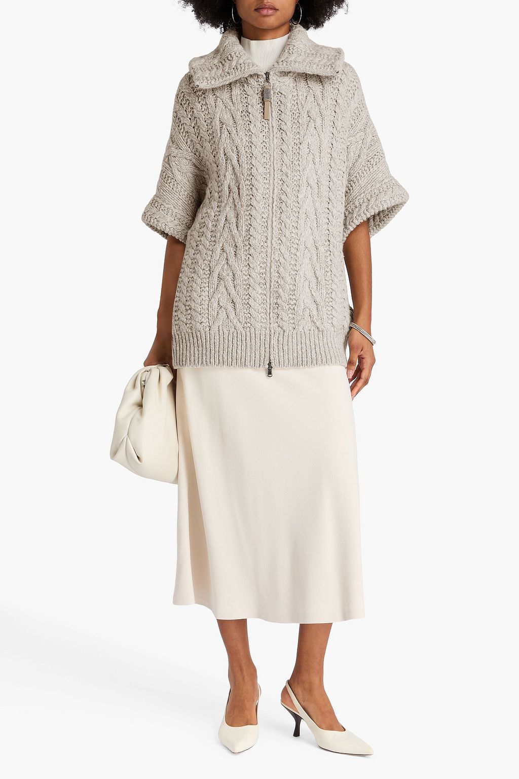 BRUNELLO CUCINELLI Bead-embellished cable-knit wool and cashmere-blend cardigan