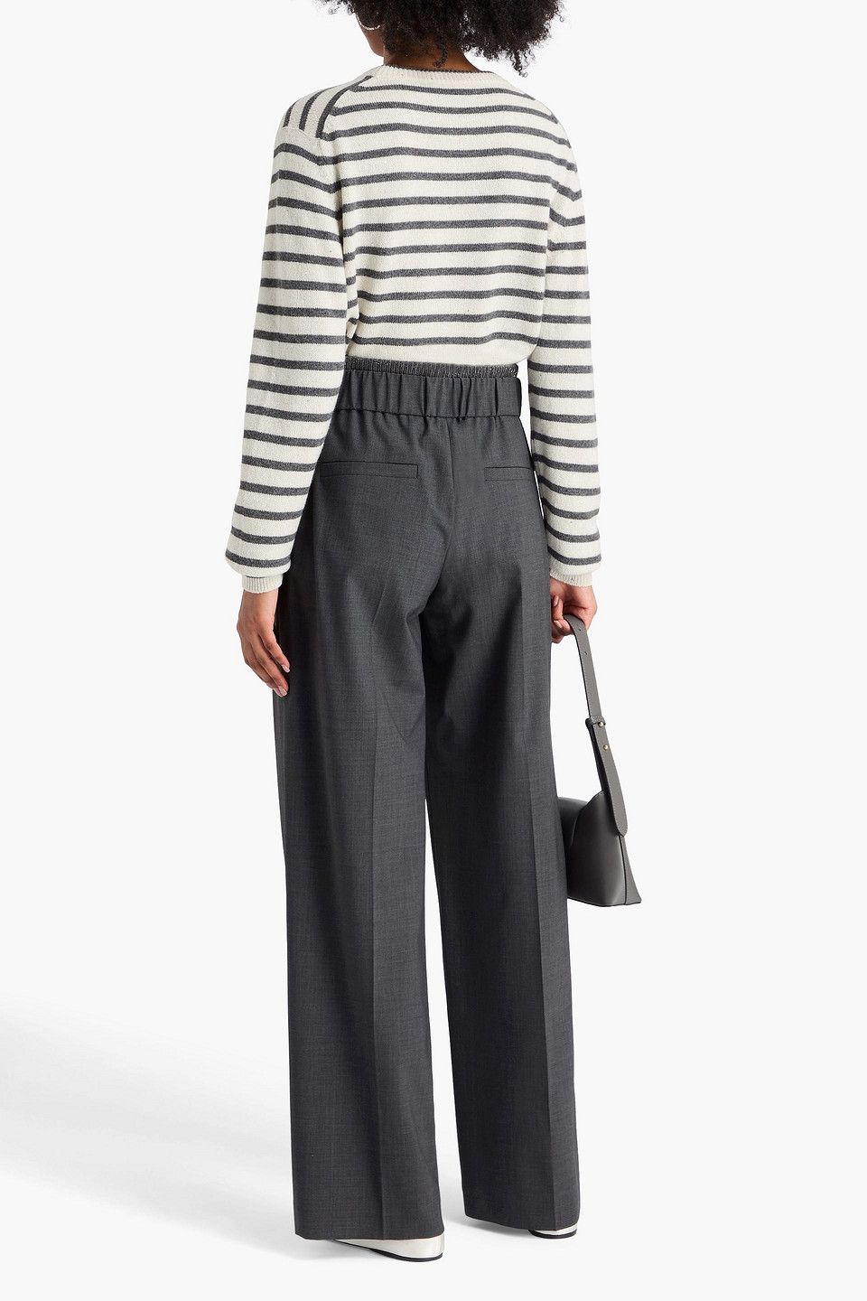 Brunello Cucinelli Bead-embellished Wool-blend Wide-leg Pants In Gray