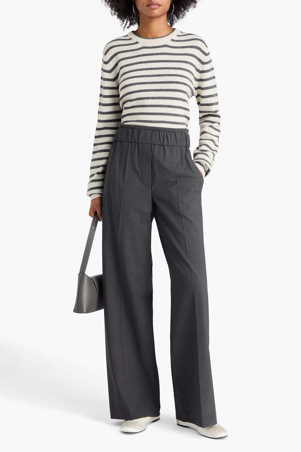 Brunello Cucinelli Bead-embellished Wool-blend Wide-leg Pants In Gray