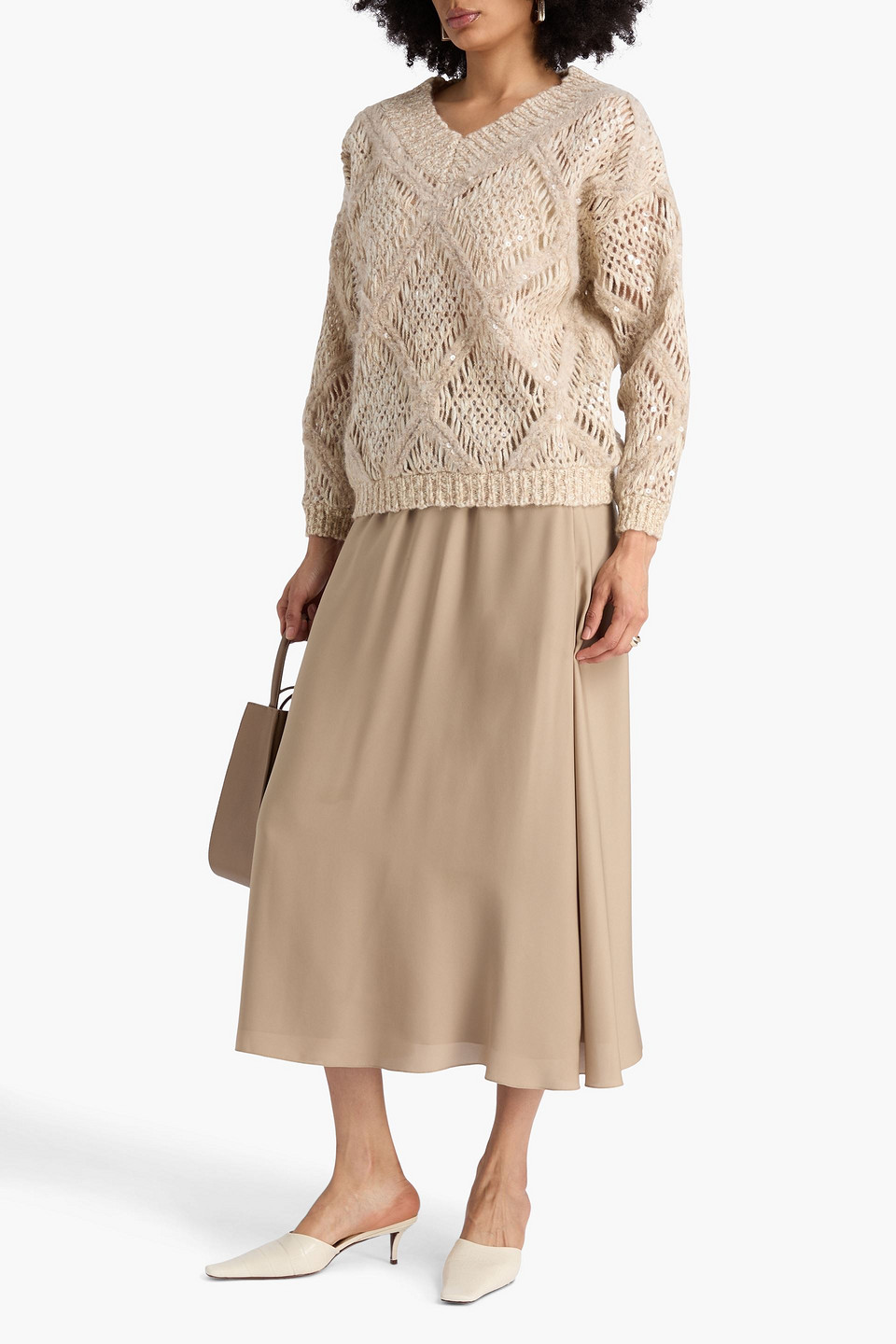 Brunello Cucinelli Sequin-embellished Open-knit Sweater In Neutral