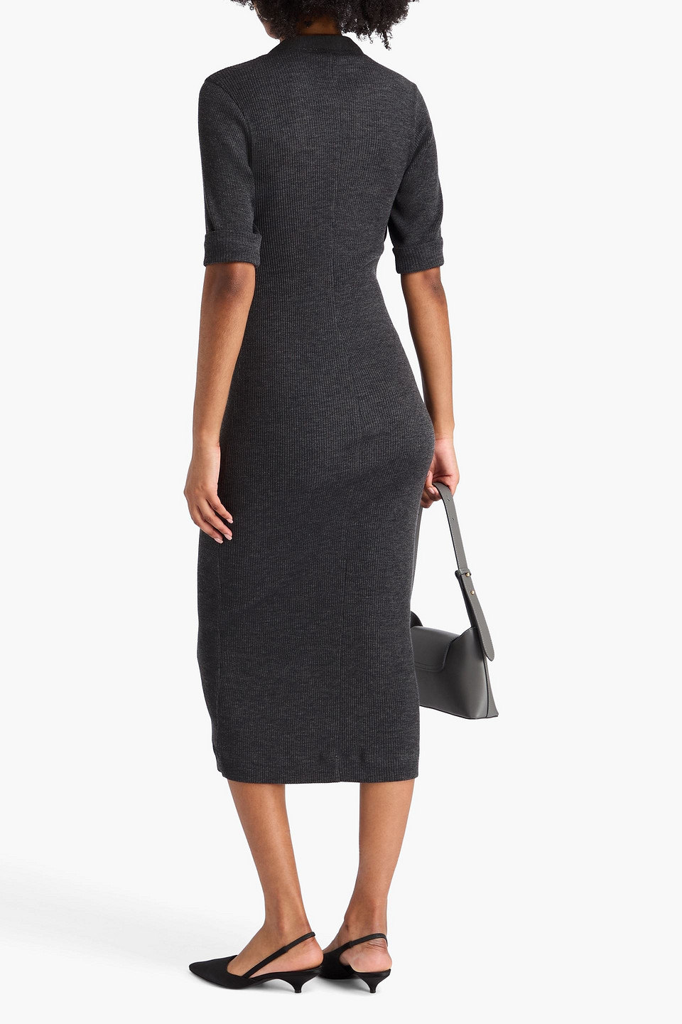  Brunello Cucinelli - Midikleid Aus Gerippter Wolle Mit Zierperlen - Grau - M 