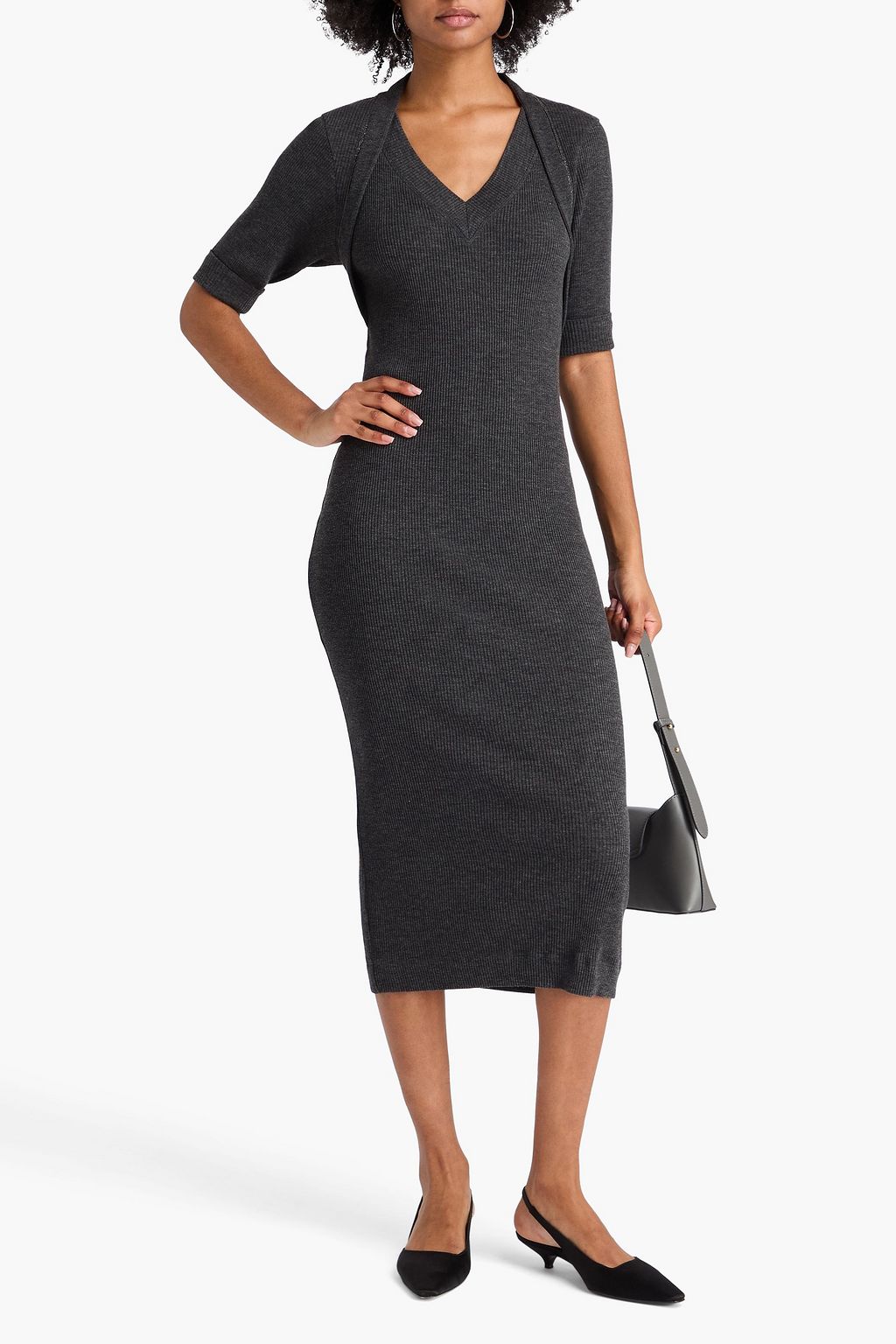 BRUNELLO CUCINELLI Bead-embellished ribbed wool midi dress