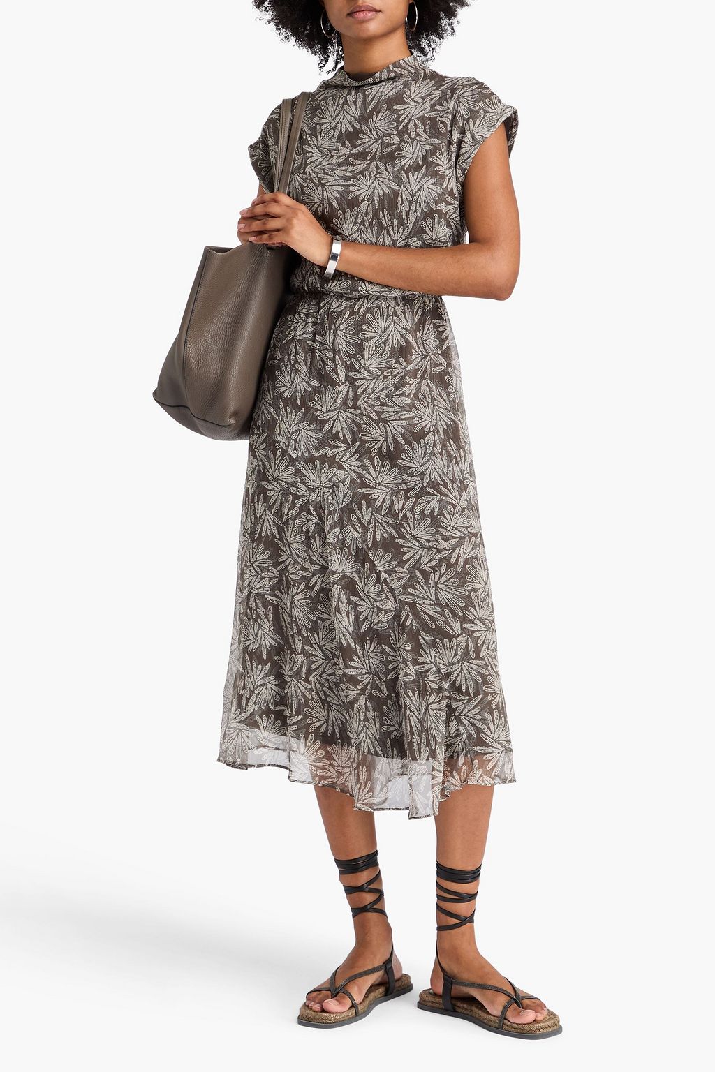 BRUNELLO CUCINELLI シルククレポン ミディワンピース プリント入り