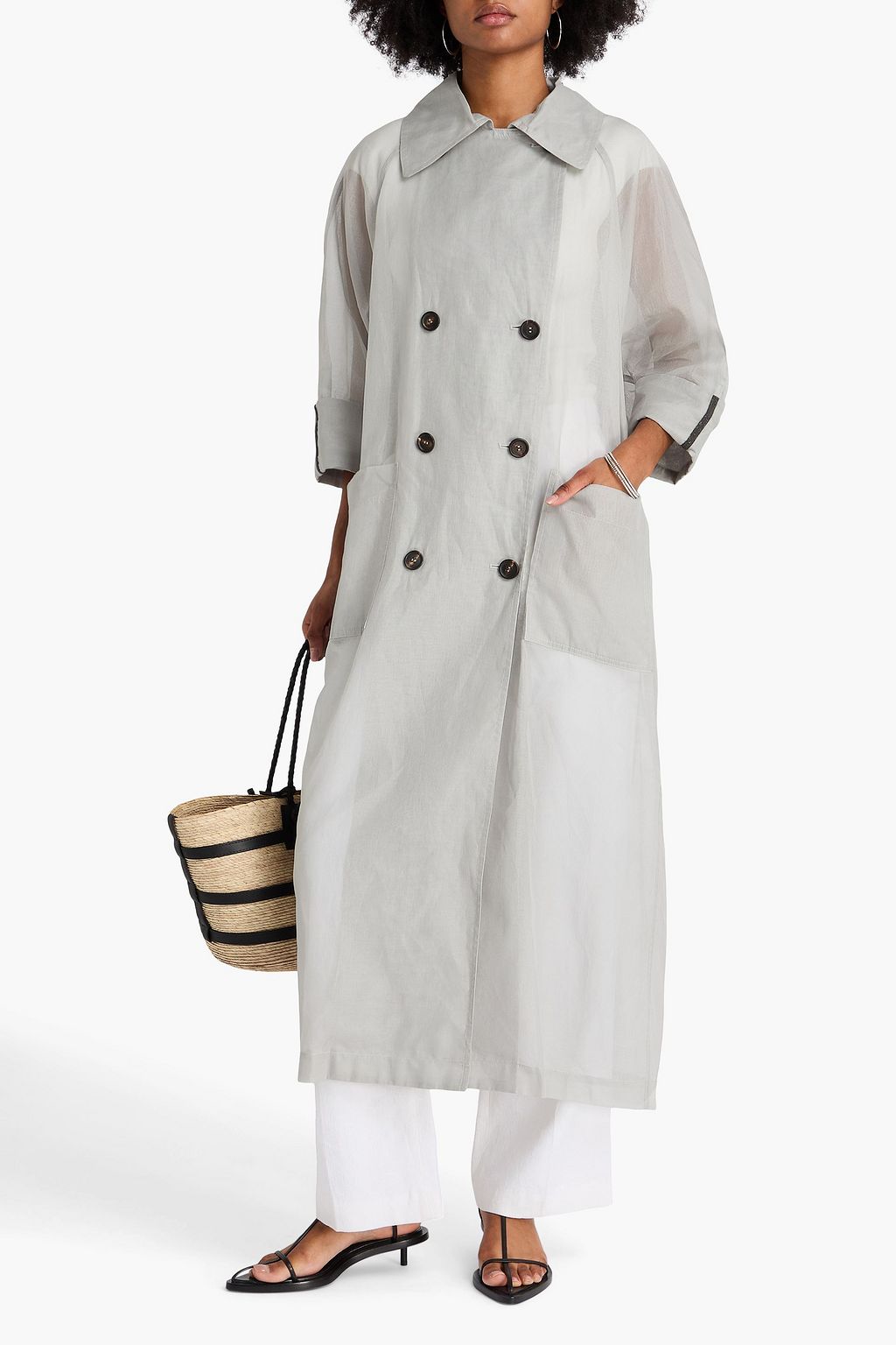 BRUNELLO CUCINELLI Double-breasted bead-embellished cotton-organdie coat