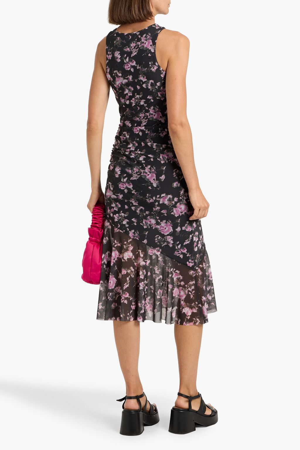 GANNI Ruched floral-print stretch-mesh midi dress