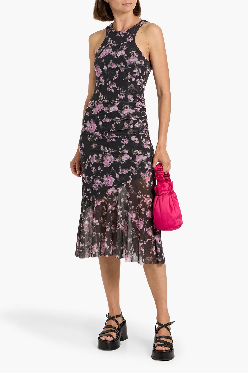 GANNI Ruched floral-print stretch-mesh midi dress