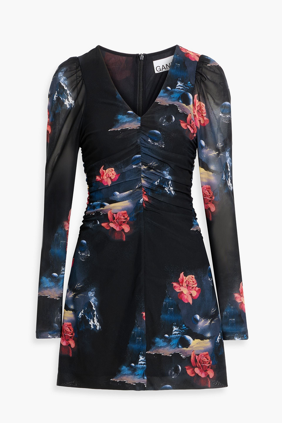 Ganni Ruched Floral-print Stretch-mesh Mini Dress In Multi