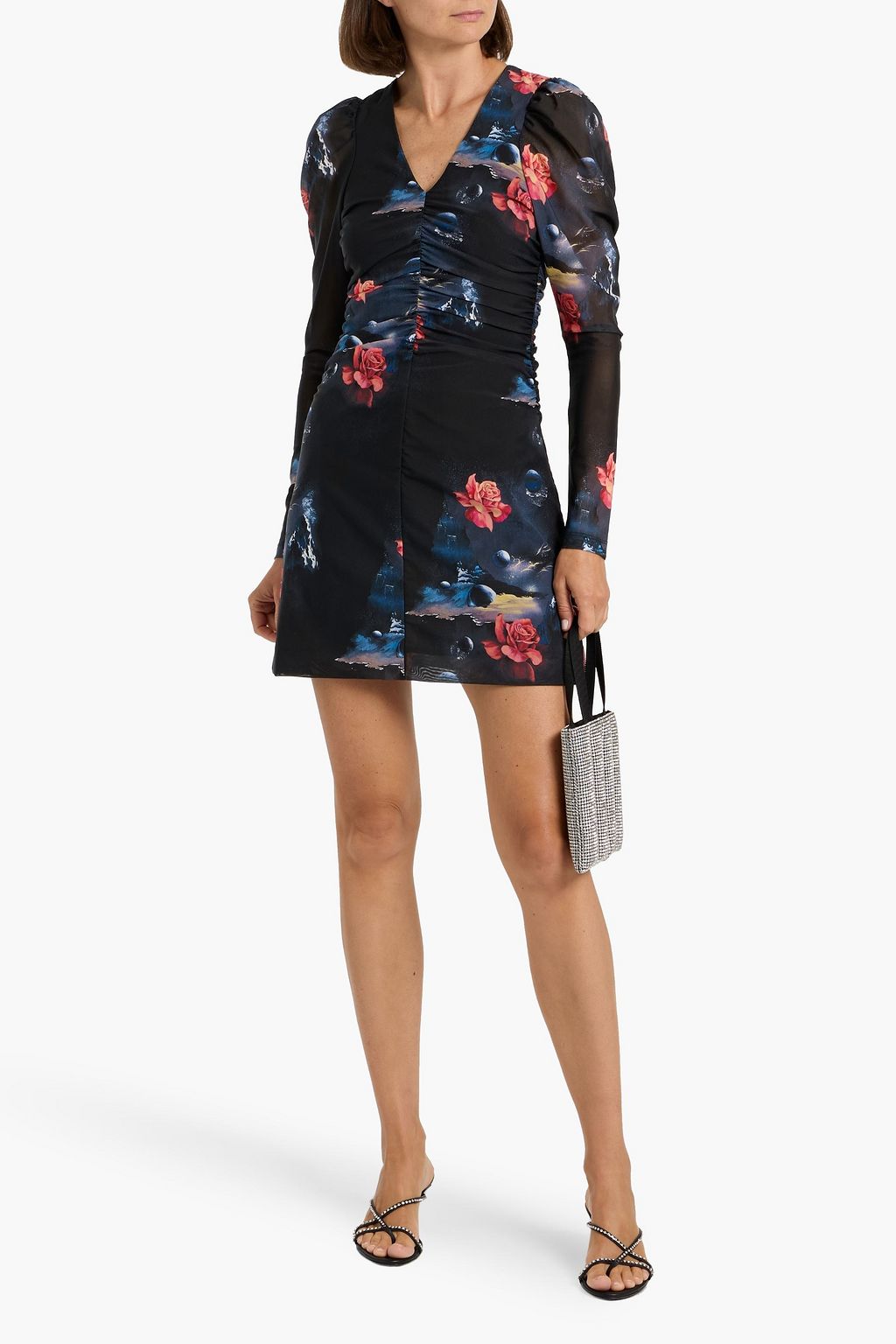 GANNI Ruched floral-print stretch-mesh mini dress
