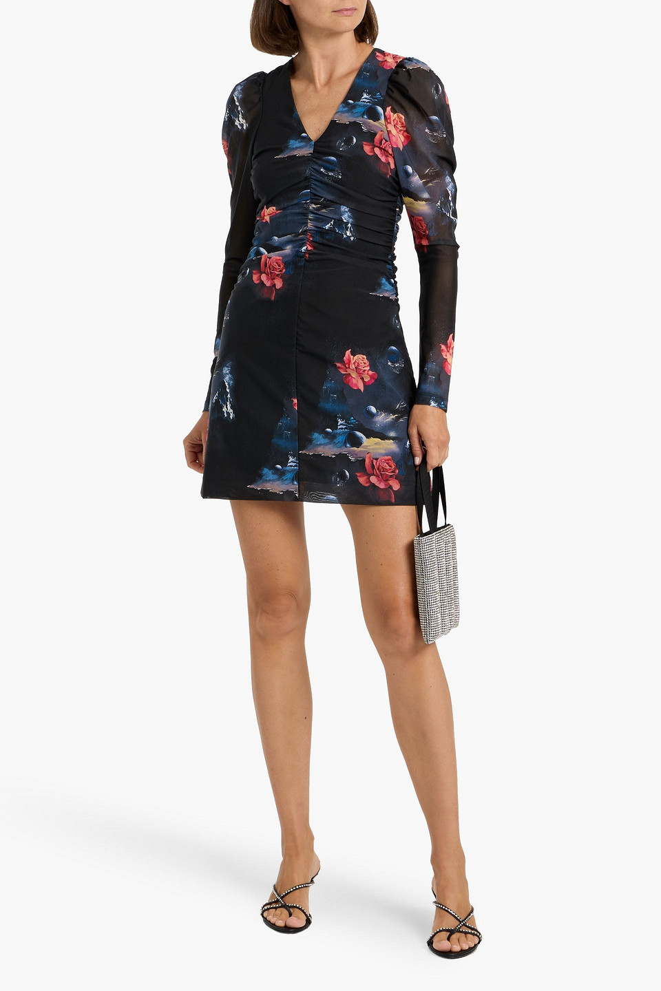 Ganni Ruched Floral-print Stretch-mesh Mini Dress In Multi