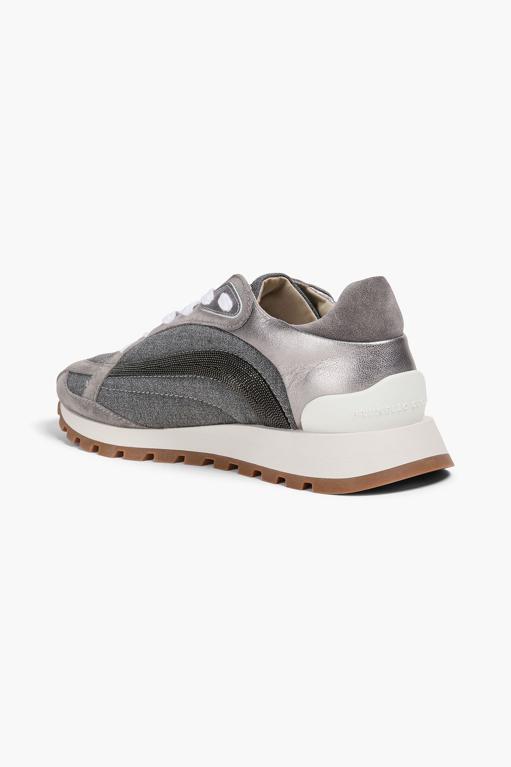 BRUNELLO CUCINELLI メタリックレザー&スエード&ウール スニーカー ビーズ付き