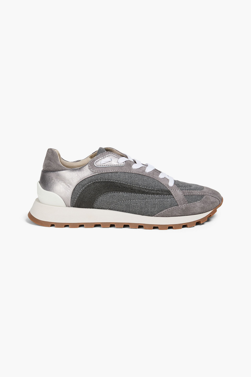 Brunello Cucinelli Bead-embellished Metallic Leather, Suede And Wool Sneakers In Gray