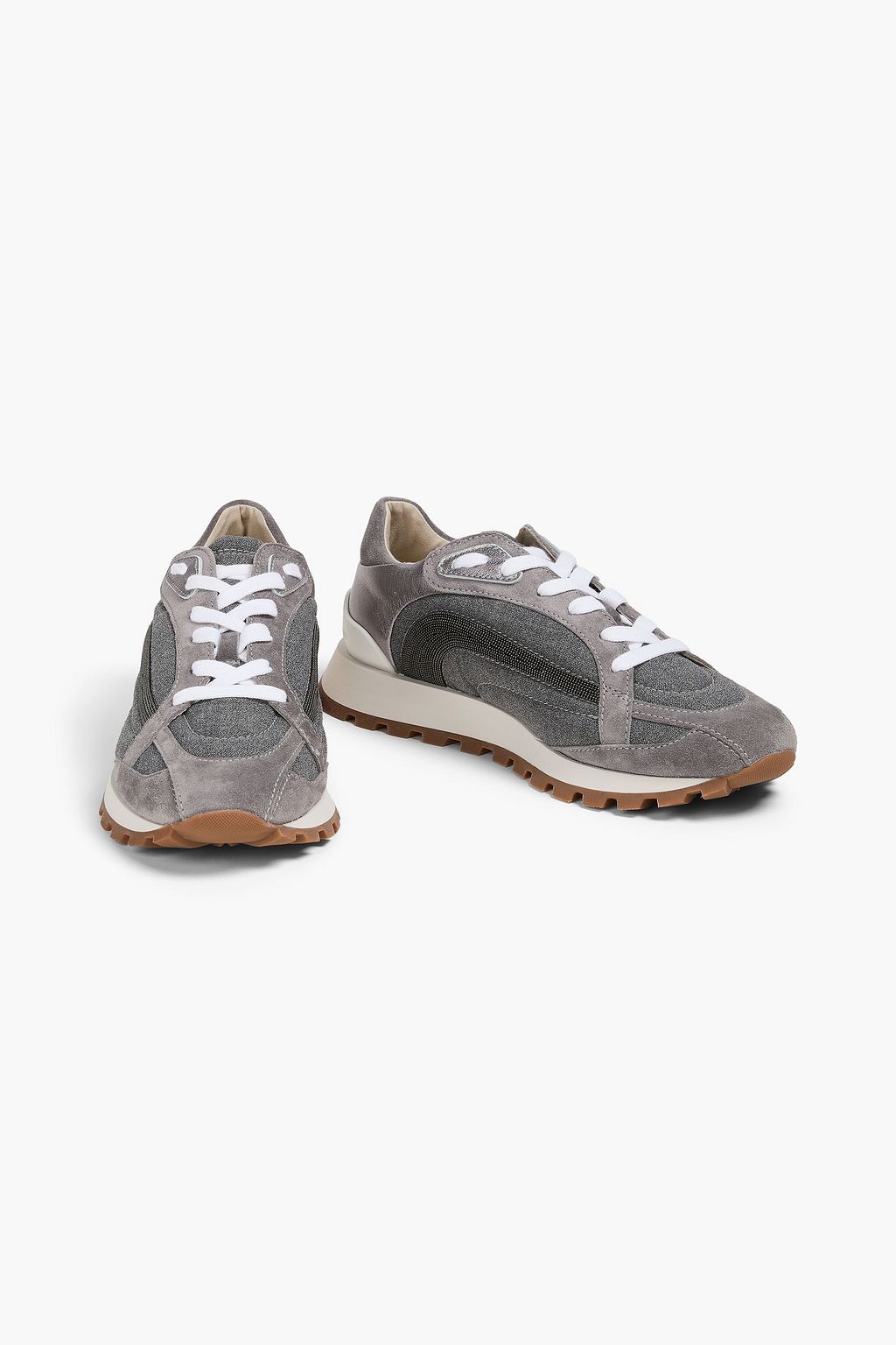 BRUNELLO CUCINELLI メタリックレザー&スエード&ウール スニーカー ビーズ付き