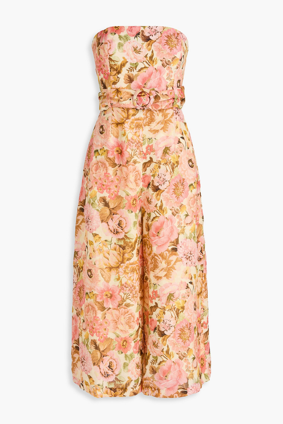 Zimmermann Strapless Cropped Floral-print Linen Jumpsuit In Pink