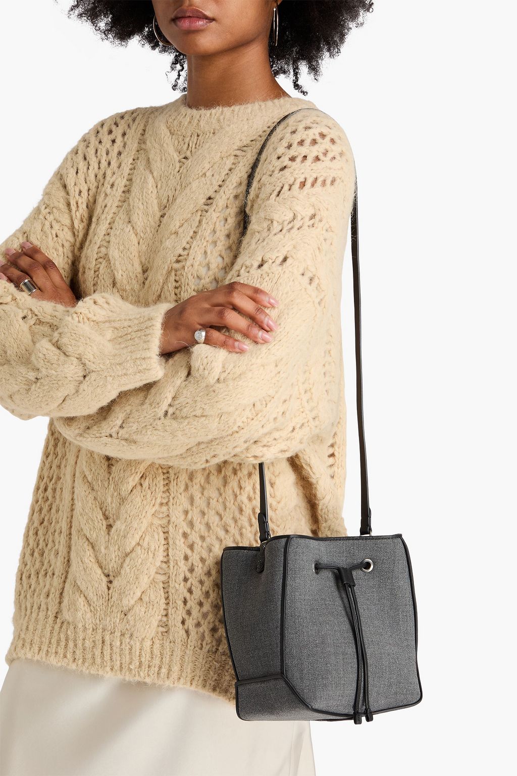 BRUNELLO CUCINELLI ウール バケットバッグ ビーズ付き レザートリム