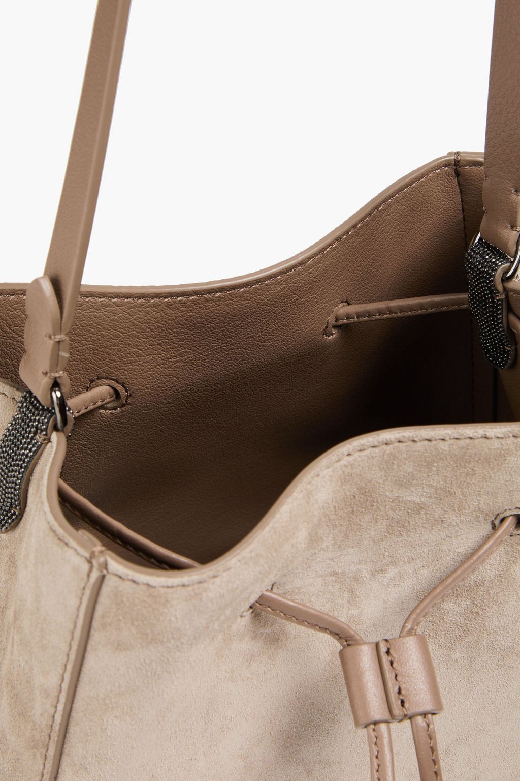 BRUNELLO CUCINELLI Beuteltasche aus Veloursleder mit Zierperlen