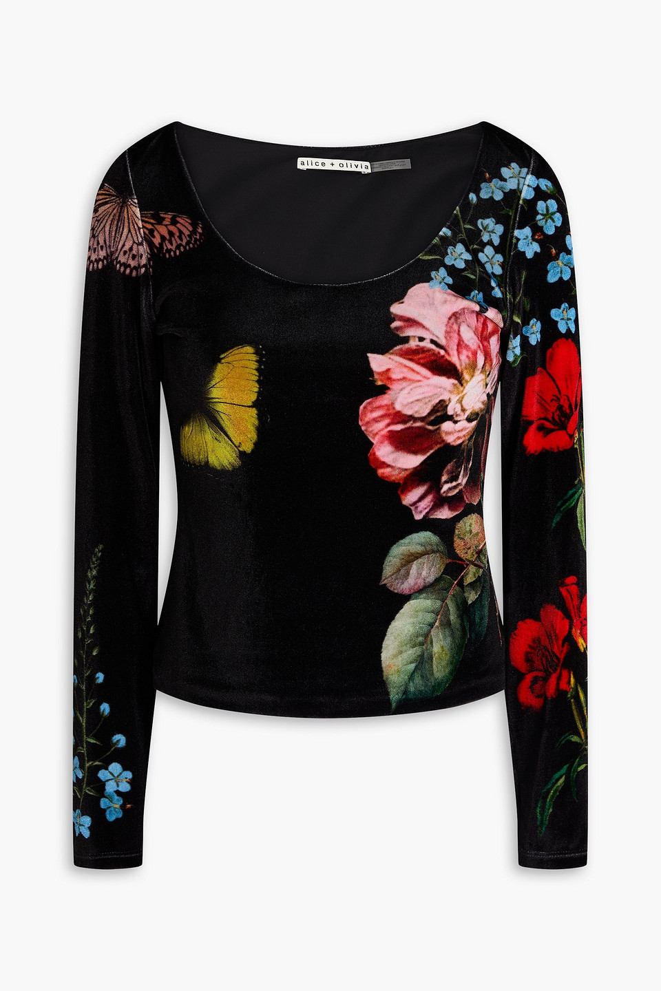 Alice And Olivia Delaina Floral-print Stretch-velvet Top In Black