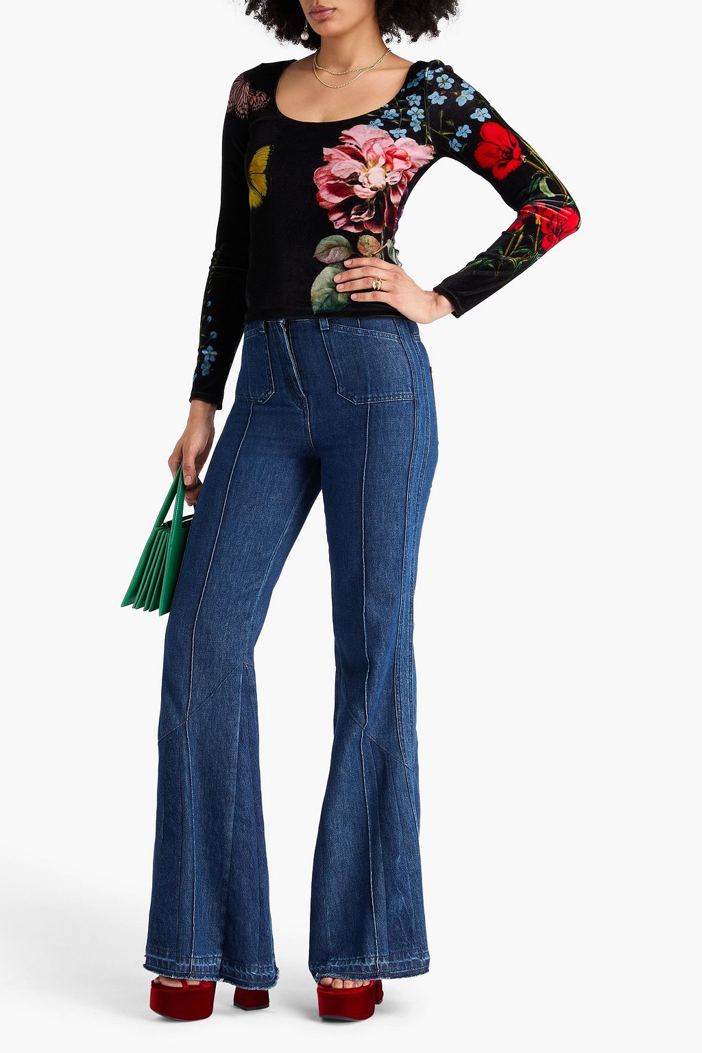 ALICE + OLIVIA Delaina floral-print stretch-velvet top