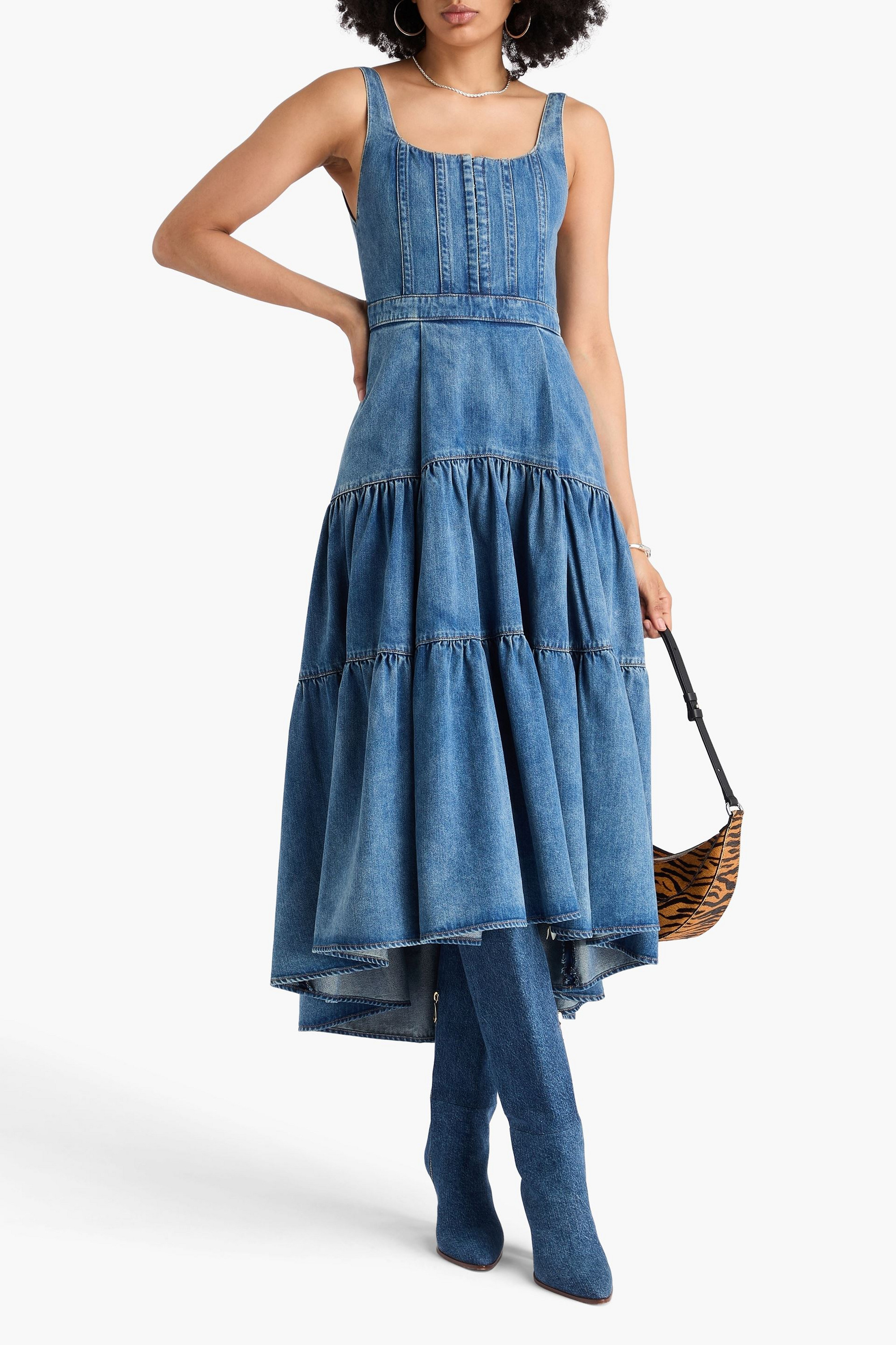 ALICE + OLIVIA JEANS Diana tiered denim midi dress