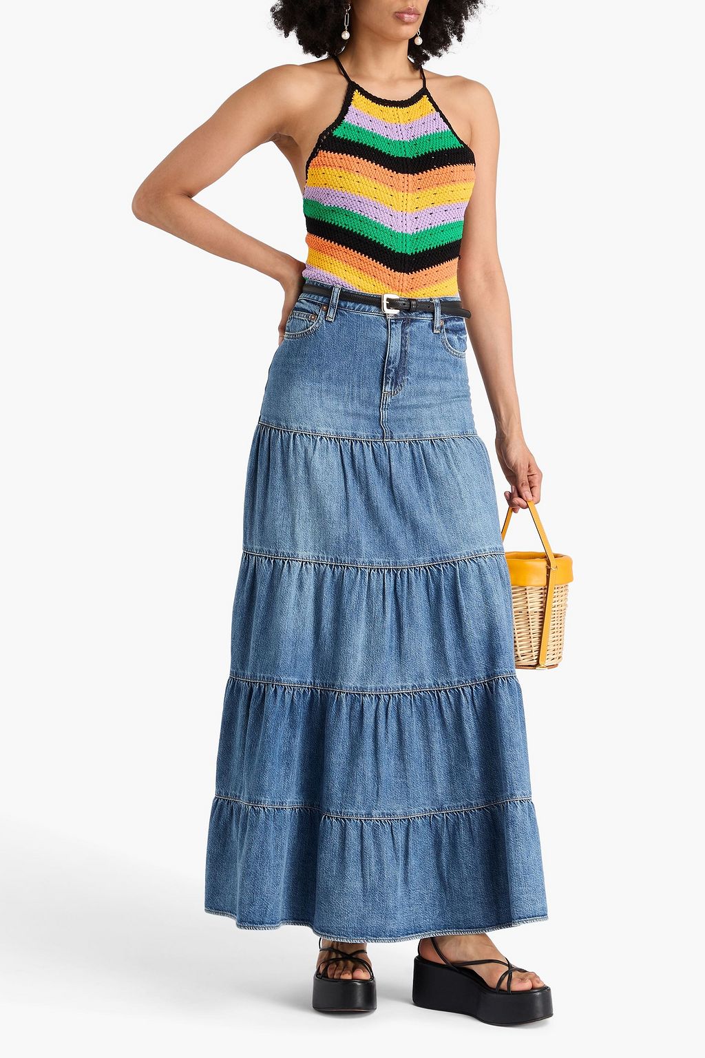 ALICE + OLIVIA JEANS Mindy tiered denim maxi skirt