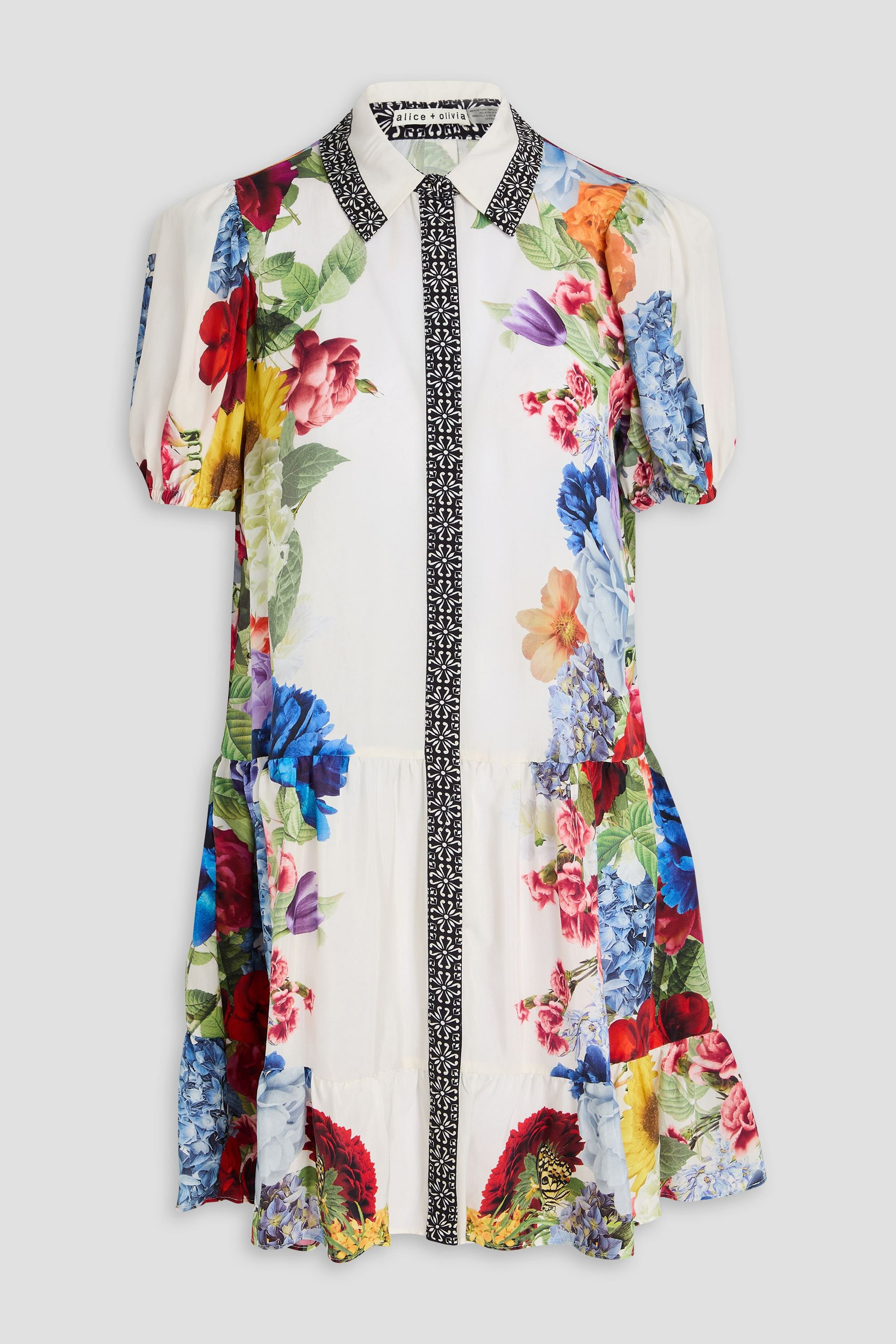 alice + olivia Claire floral-print cupro-twill mini shirt dress