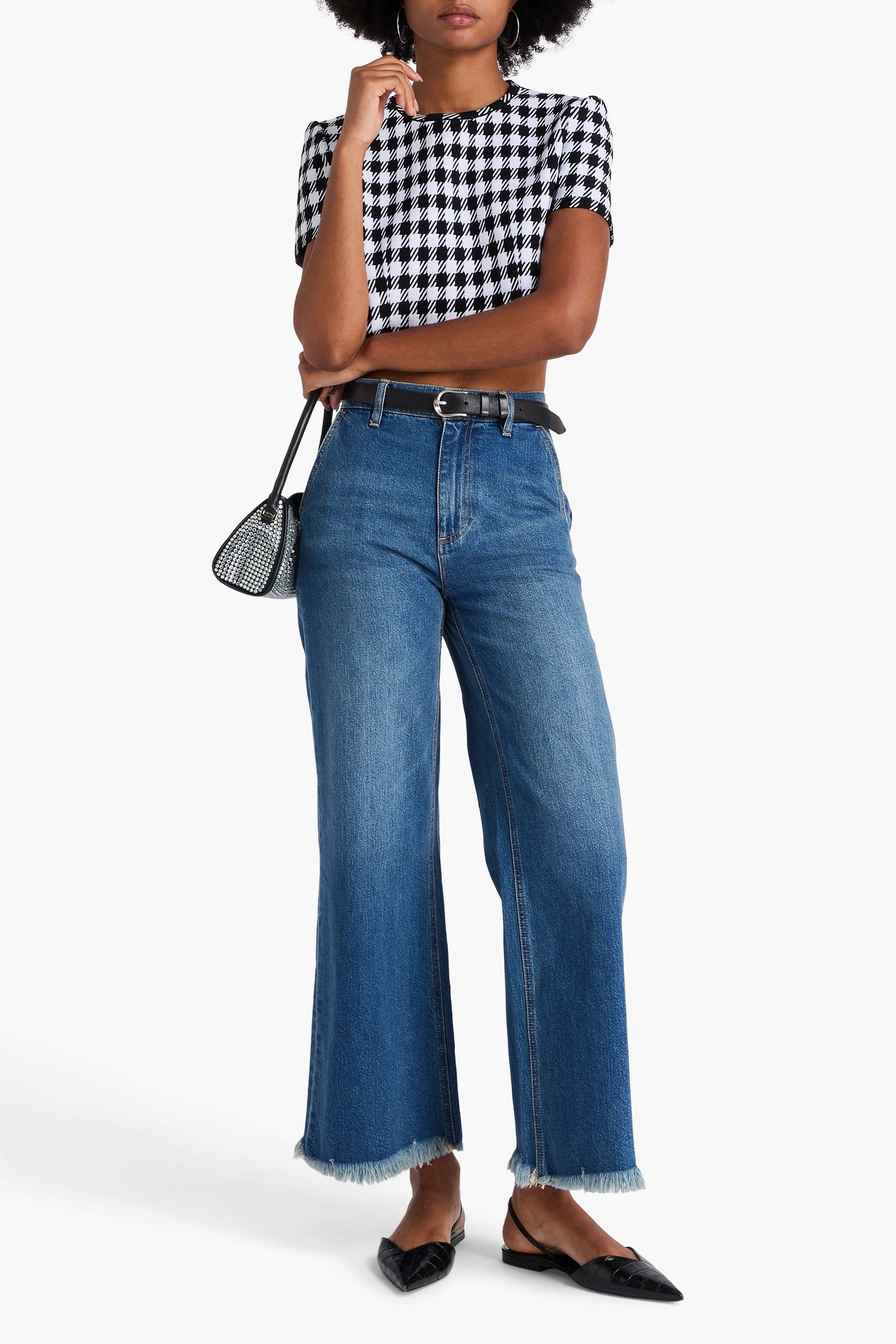 ALICE + OLIVIA JEANS Emory cropped frayed high-rise wide-leg jeans