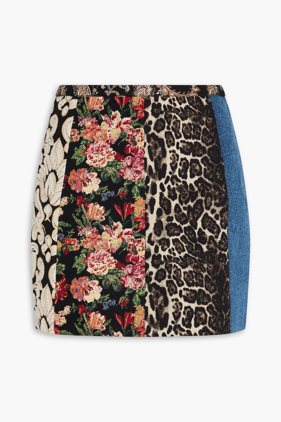 Riley patchwork denim, jacquard and brocade mini skirt