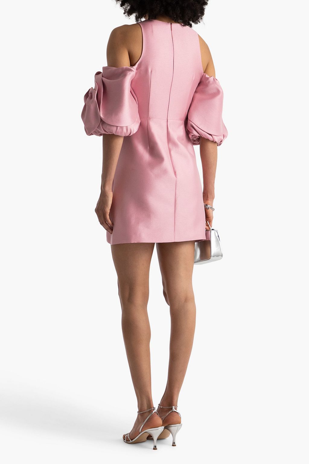 MARCHESA NOTTE サテンツイル ミニワンピース オープンショルダー フローラルアップリケ付き