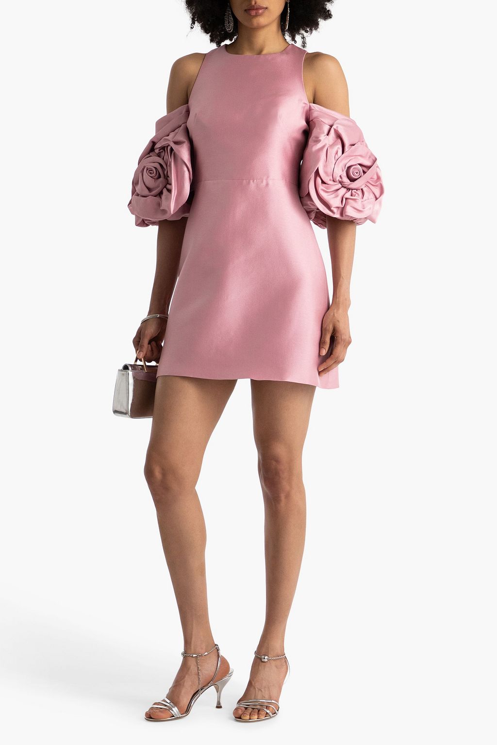 MARCHESA NOTTE サテンツイル ミニワンピース オープンショルダー フローラルアップリケ付き