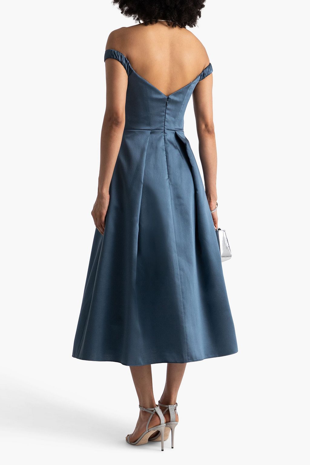MARCHESA NOTTE サテンツイル ミディワンピース プリーツ入り