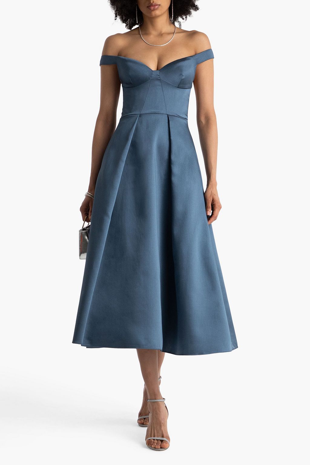 MARCHESA NOTTE サテンツイル ミディワンピース プリーツ入り