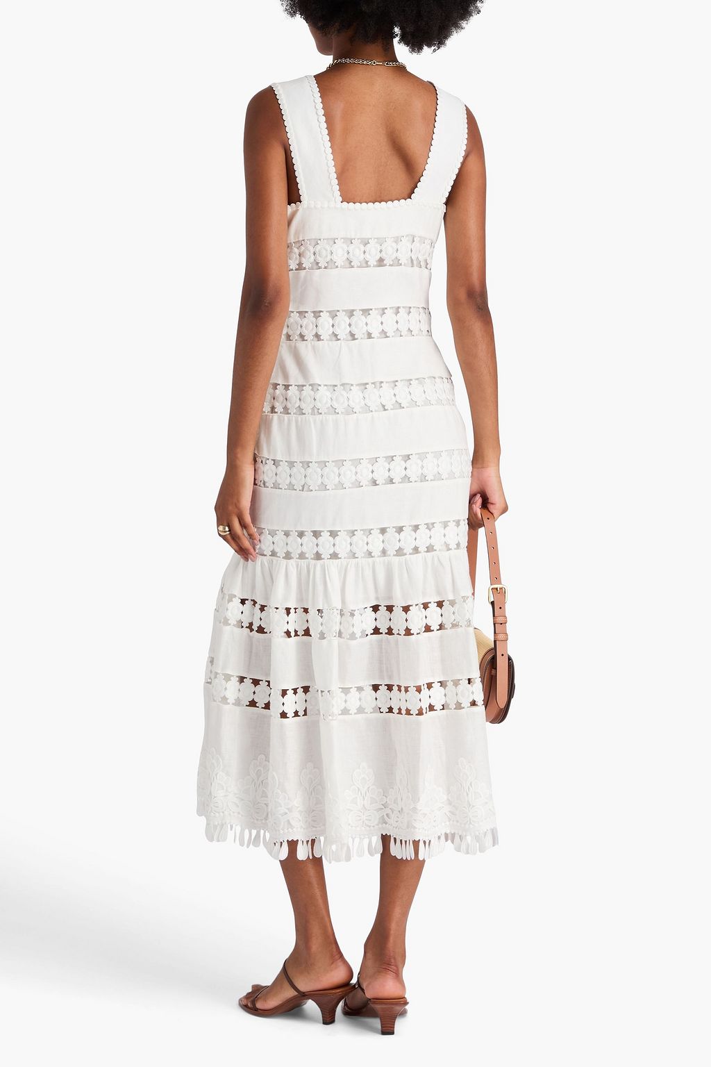 ZIMMERMANN فستان مكراميه متوسط الطول من الكتّان بقِطع محاكة بجانب بعضها البعض من الدانتيل