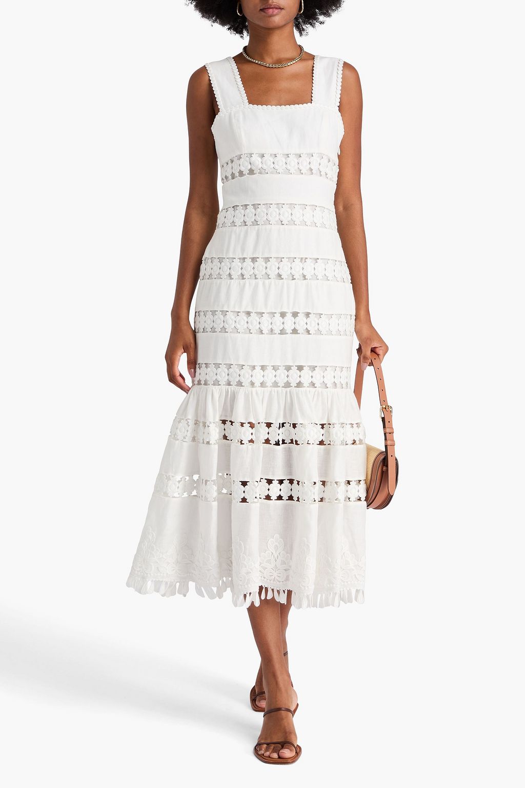 ZIMMERMANN فستان مكراميه متوسط الطول من الكتّان بقِطع محاكة بجانب بعضها البعض من الدانتيل