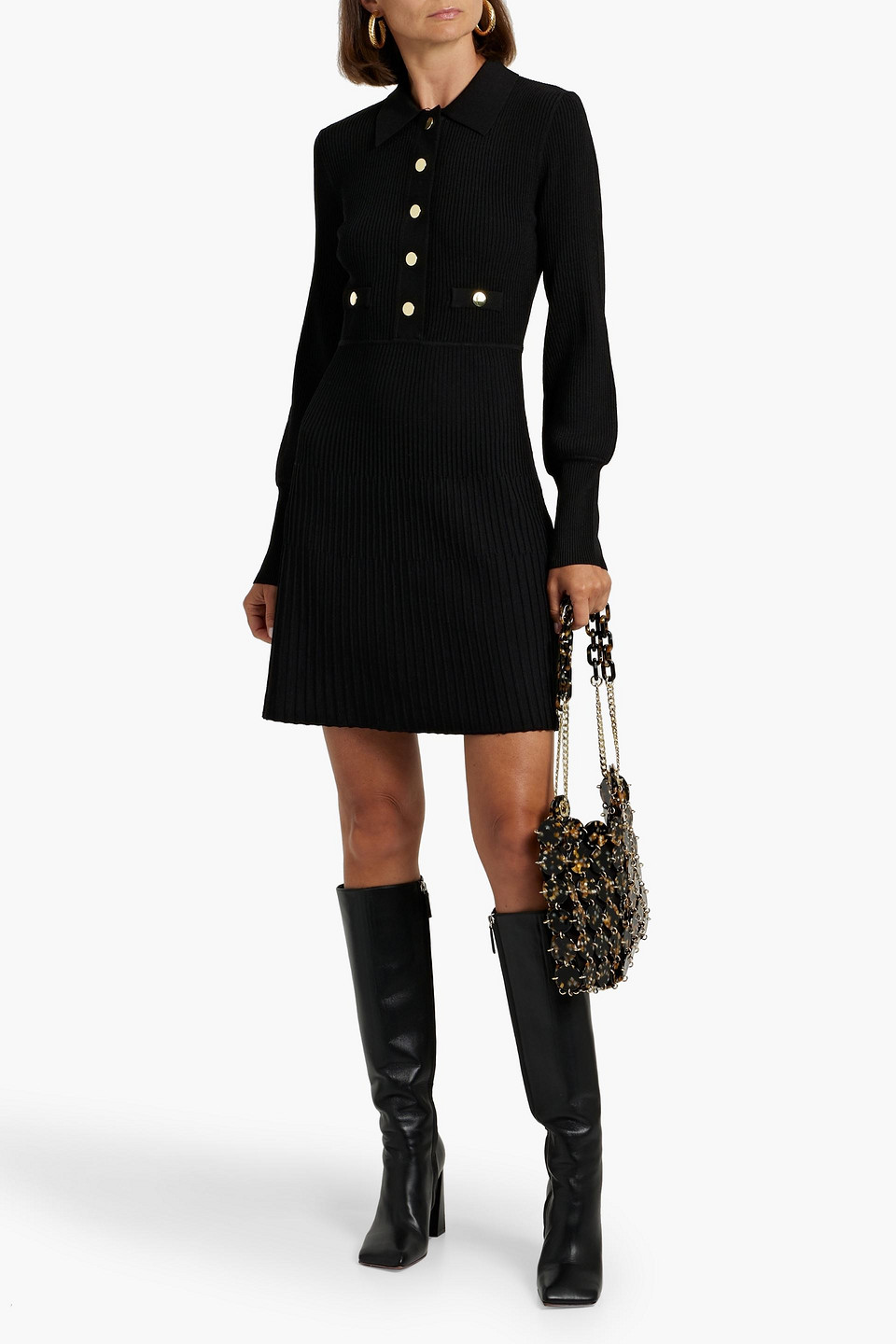 Veronica Beard Lauper Ribbed Button-front A-line Mini Dress In Black