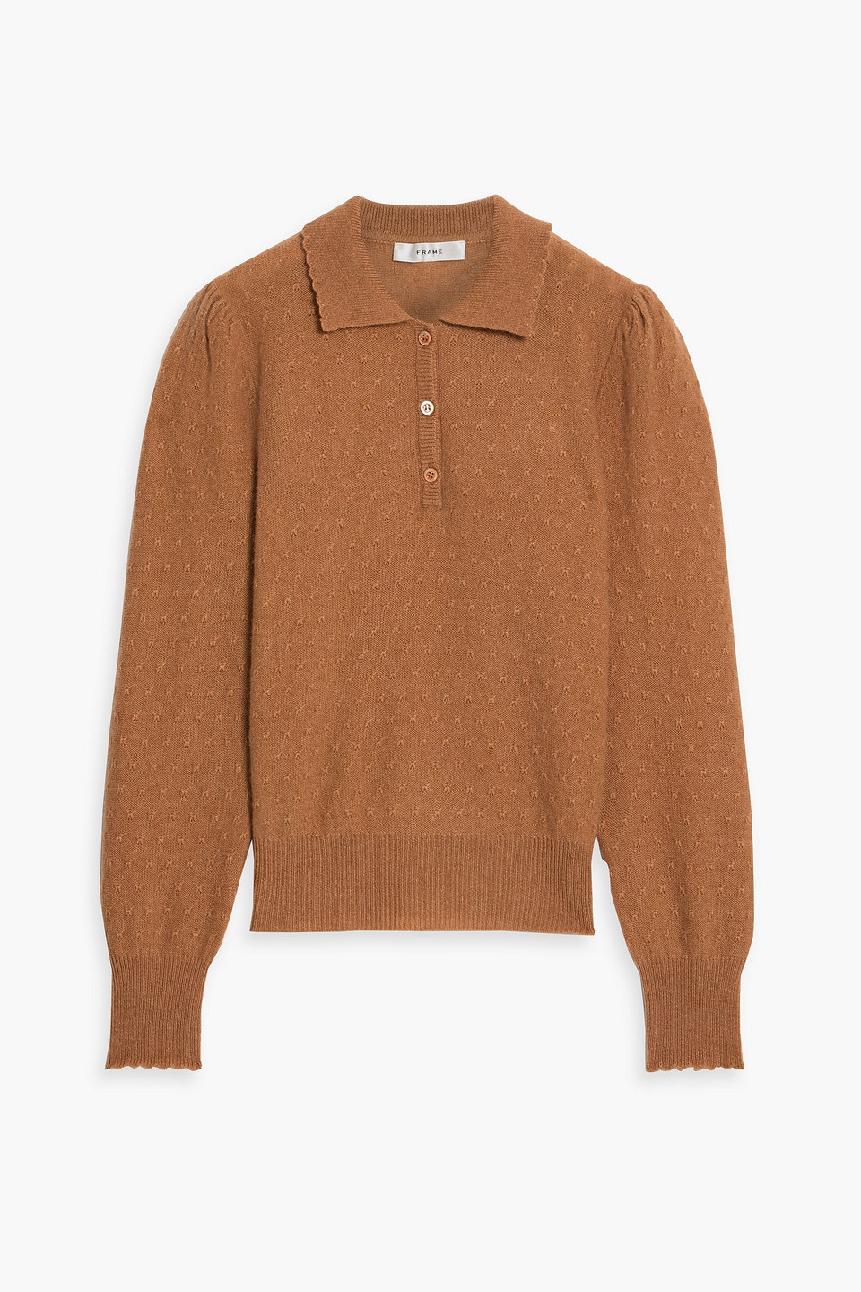 Frame Pointelle-knit Cashmere Polo Sweater In Brown