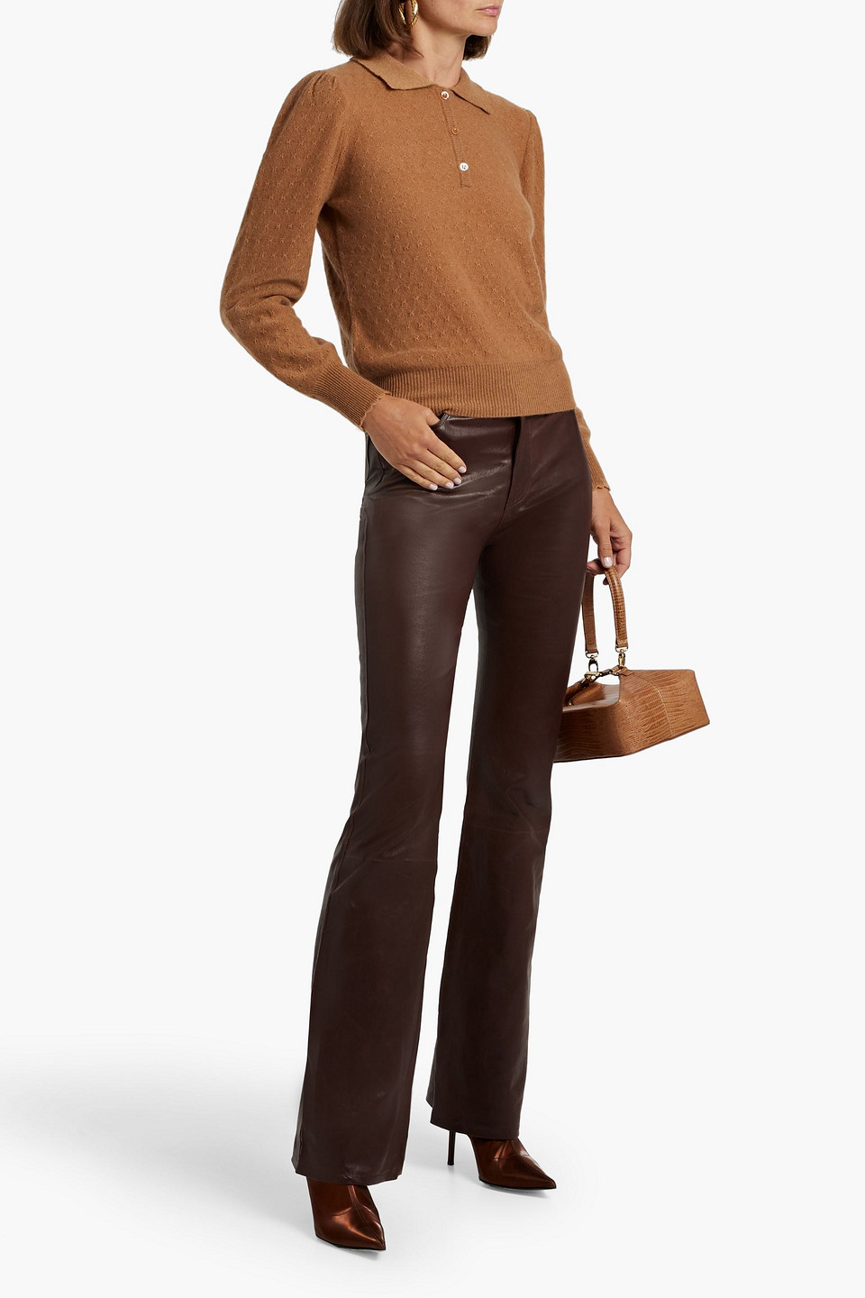 Frame The Slim Stacked Leather Flared Pants In Brown