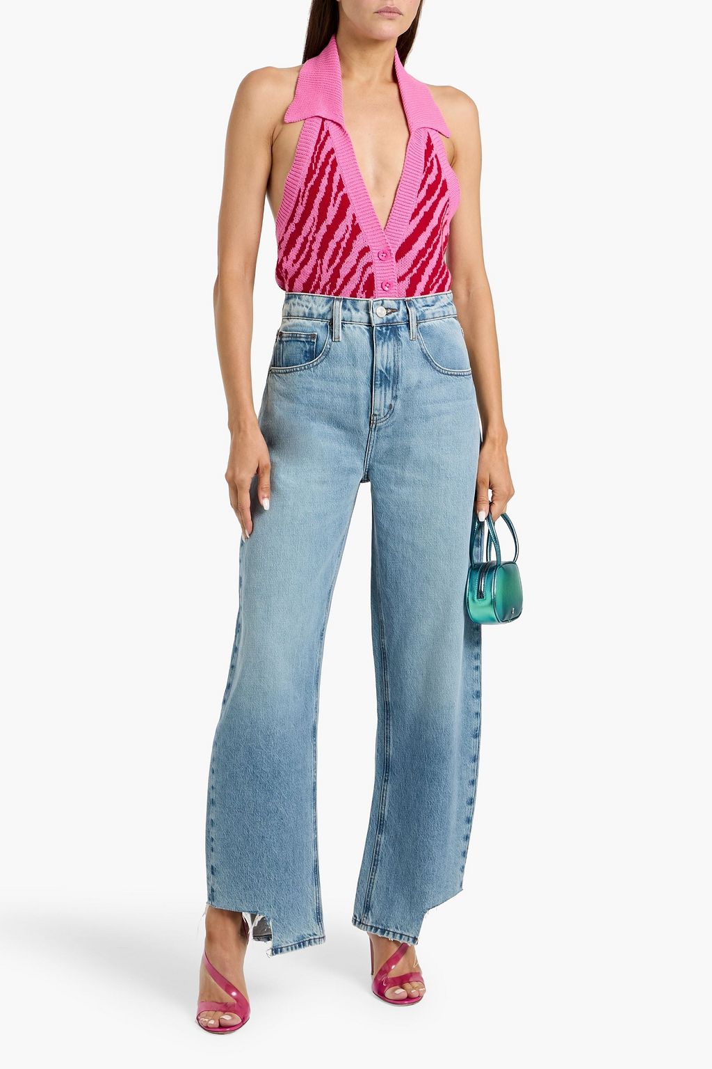 FRAME Distressed high-rise barrel-leg jeans