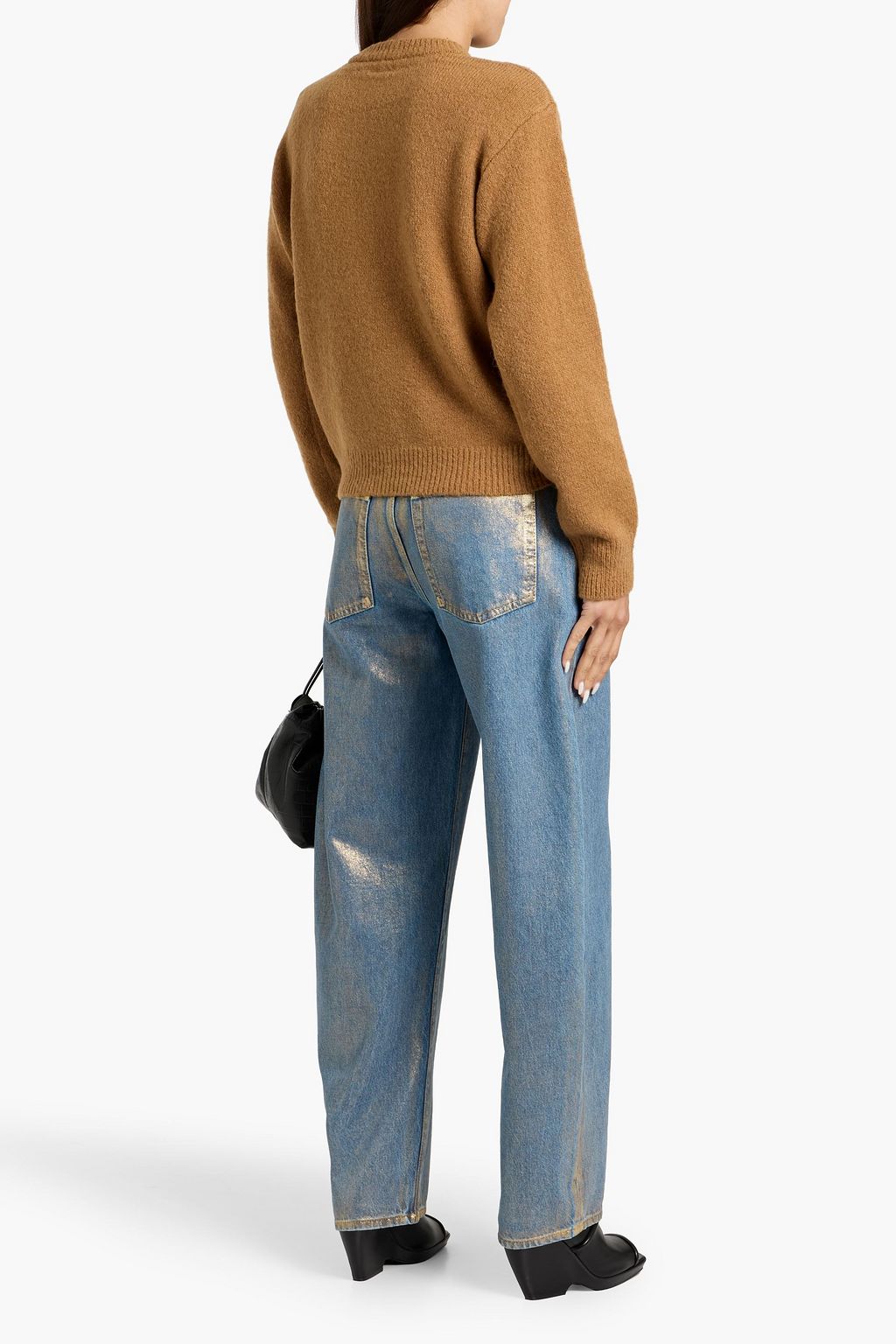 FRAME Coated metallic high-rise barrel-leg jeans